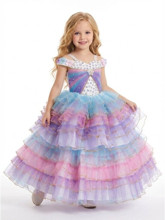 None Other - Girls 2-in-1 Pastel Rainbow Princess Dress